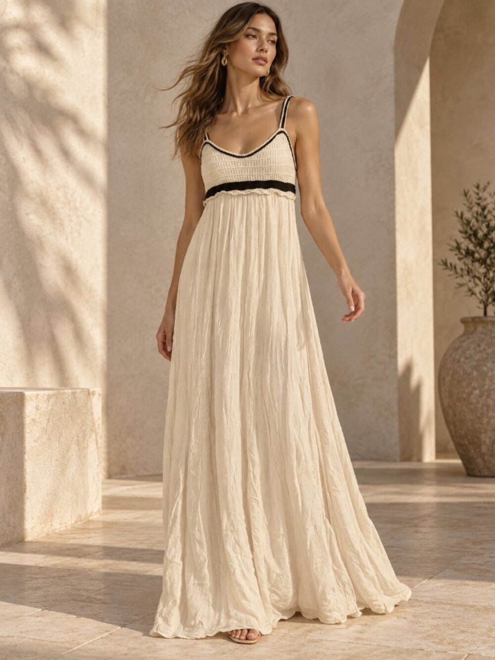 Sincerely Jules Cream Knit Bodice Tiered Maxi Dress XS Contrast Trim